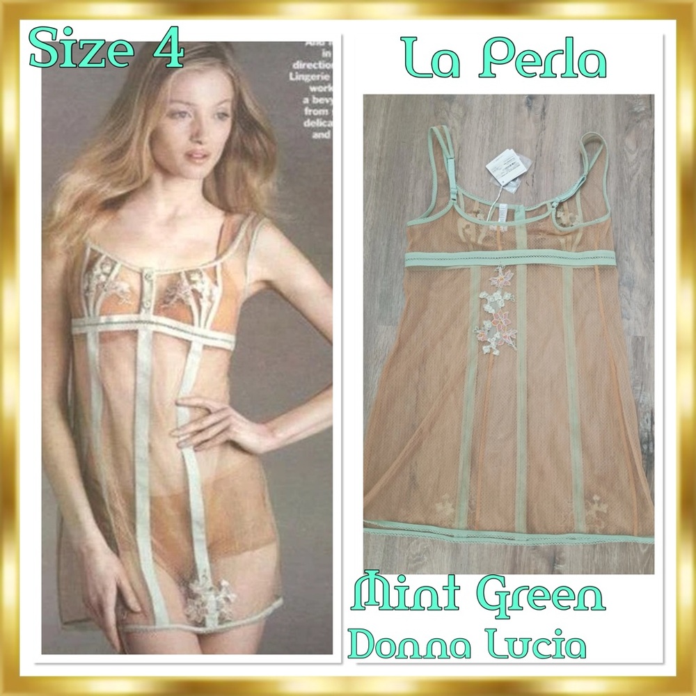 La Perla Donna Lucia Mint Green& Tan Floral Appliqué Sheer Chemise Slip RARE